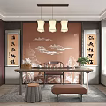 Traditional Tea Room Interior With Calligraphy Scrolls Landscape Paintings And Tea Table 3d model