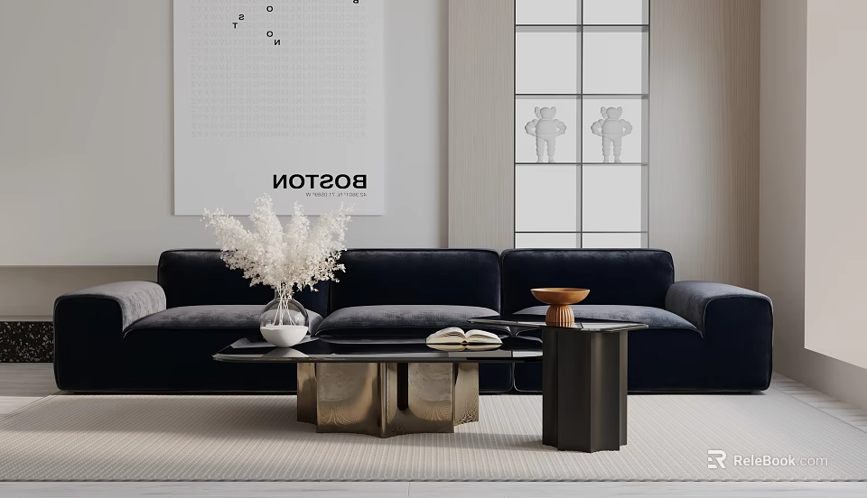 Modern Living Room Interior With Dark Blue Three-Seater Sofa Coffee Table And White Floral Vase 3d model 