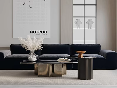 Modern Living Room Interior With Dark Blue Three-Seater Sofa Coffee Table And White Floral Vase 3d model