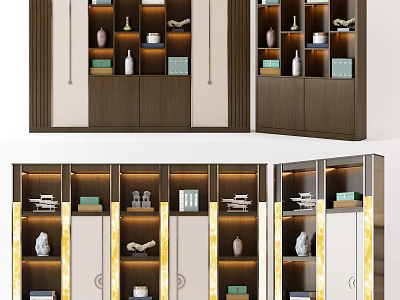 Modern Wooden Decorative Cabinet With Multi Layer Shelves And Decorative Items 3d model