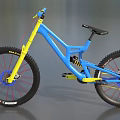 Blue and Yellow Downhill Mountain Bike With Large Tires Blue Frame Yellow Fork
