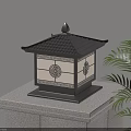 Chinese Style Outdoor Lantern With Tile Roof Traditional Patterns On Stone Pedestal And Green Plant
