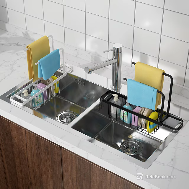 Stainless Steel Bathroom Countertop Rack with Double Sink Storage for Towels and Toiletries 3d model 