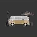 Stylish Vintage Food Truck Outdoor Setup With Umbrella Tables Chairs And Street Lamp