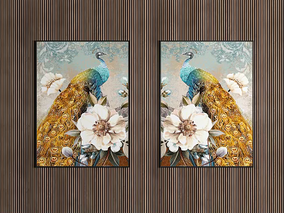 Peacock Animal Paintings With White Flowers And Decorative Background Wall Art 3d model