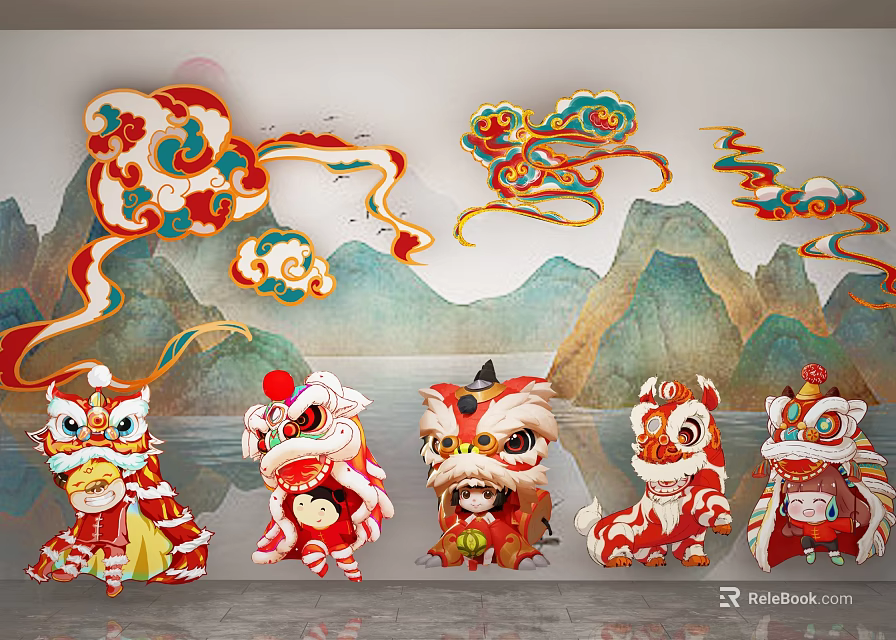 Traditional Chinese Lion Dance Figures With Cloud Patterns And Mountain Backdrop 3d model 