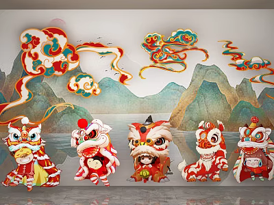Traditional Chinese Lion Dance Figures With Cloud Patterns And Mountain Backdrop 3d model
