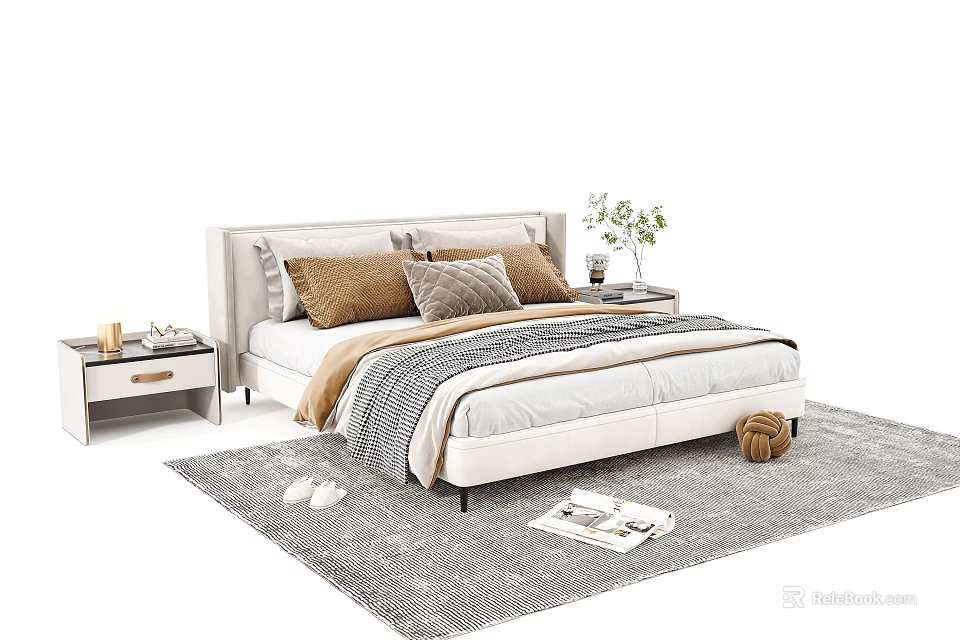 Modern Double Bed with Soft Pillows Blanket Nightstands and Plant on Cozy Rug 3d model 