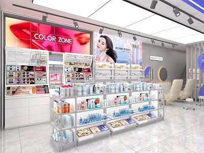 Color Zone Beauty Store In Shopping Mall Featuring Cosmetics Skincare Display Shelves And Billboard 3d model