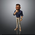 A Man in Blue Shirt White Pants Hand on Chin Thinking Pose against Gray Background