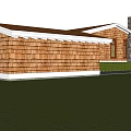 Single Story Wooden House With Orange Roof Stone Chimney Green Lawn And Pine Trees