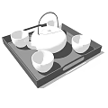 Modern Table and Chair Set with Black Tray White Teapot and Four Cups