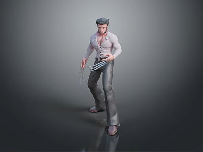 Man In White Tank Top And Gray Pants With Extended Metal Claws Standing 3d model
