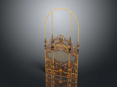 Golden Arched Metal Gate With Intricate Decorative Patterns And Ornate Design 3d model