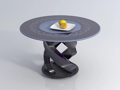 Round Dining Table With Spiral Designed Base And White Plate With Lemon 3d model