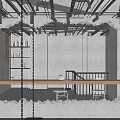 Industrial Style Restaurant Interior With Brick Wall Counter And Spiral Staircase
