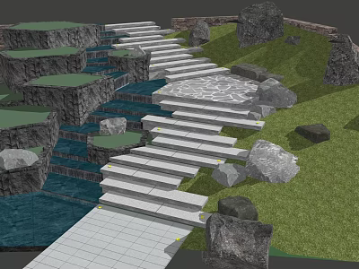Tingbu Garden Stepping Stones Path With Natural Rocks Water And Green Grass 3d model