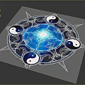 Mystical Yin Yang Symbols In Blue Glowing Circular Pattern With Decorative Lines
