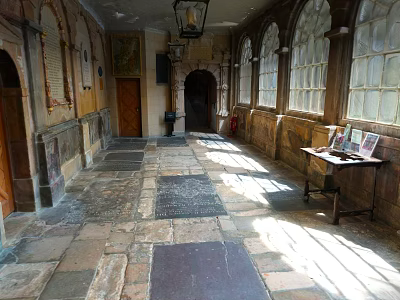 Antique Elevator Hallway With Stone Floors Arch Windows And Hanging Lanterns 3d model