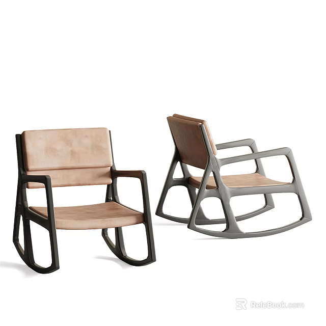 Modern Leisure Chair with Rocking Design Dark Frame and Light Brown Leather Seat Backrest 3d model 