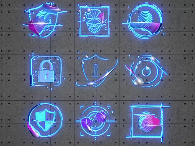 Neon Blue Security Icons Collection Featuring Fingerprint Shield Lock And Face On Gray Perforated Background 3d model