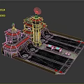 Cartoon Scenery With Multi Tower Building Red Roof Helipad Satellite Dish And Vehicles