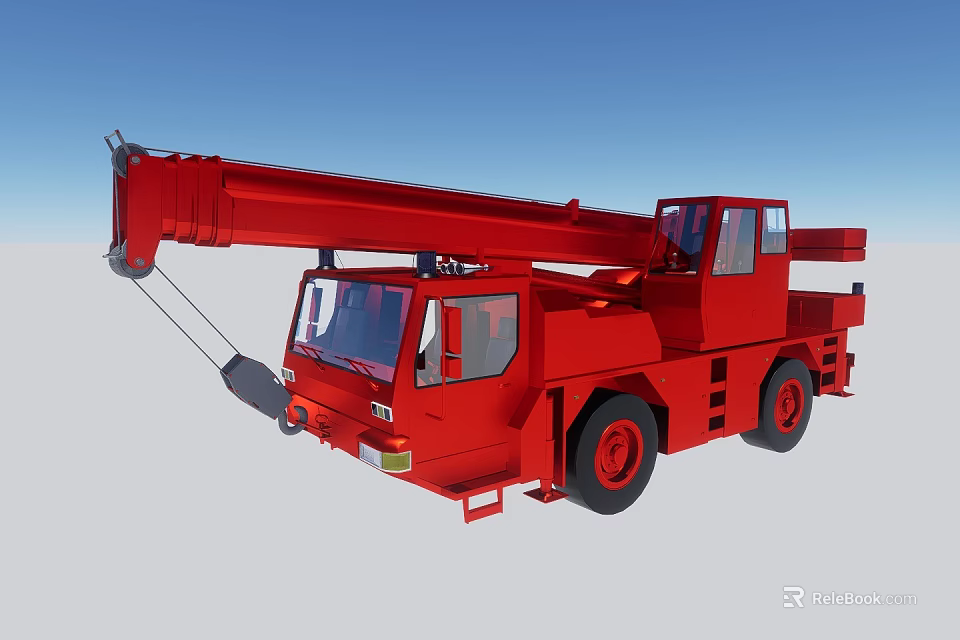 Red Crane Utility Truck With Extended Boom And Heavy Lifting Capability 3d model 