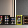 Modern Style Refrigerators Freezers in Different Colors Sizes Filled with Drinks Bottled Items