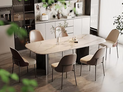 Modern Dining Room With Rectangular Marble Table And Light Brown Chairs 3d model