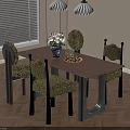 Modern Wooden Dining Table Set With Green Upholstered Chairs Flower Vase Fruit Bowl And Pendant Lights