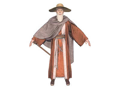 Elderly Bearded Man In Brown Traditional Robe With Gray Cloak And Wide Brimmed Hat Standing 3d model