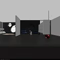 Modern Office Corridor With White Walls Gray Floor Red Sphere Green Plants And Recessed Lighting