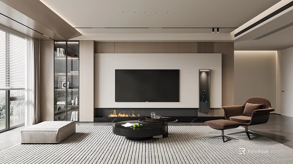 Modern Living Room Interior With TV Wall Fireplace Striped Rug Armchair Coffee Table And Bookshelf 3d model 