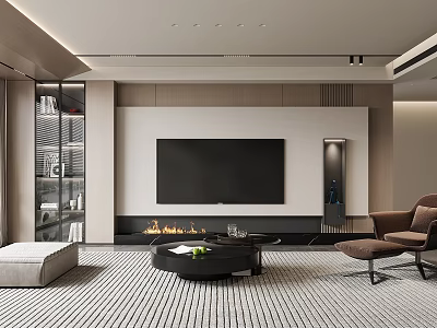 Modern Living Room Interior With TV Wall Fireplace Striped Rug Armchair Coffee Table And Bookshelf 3d model