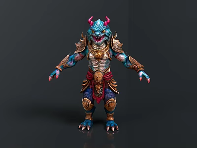Man In Mythical Monster Outfit With Blue Skin Horns And Red Belt Armor 3d model