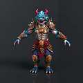 Man In Mythical Monster Outfit With Blue Skin Horns And Red Belt Armor