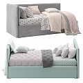 Light Green And Gray Upholstered Kids Bed With Patterned Pillows Blankets And Sheets