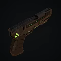 Futuristic Weapon Pistol Design With Green Indicators Yellow Warning Signs And Metallic Grip Texture