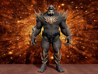 Muscular Horned Dark Game Movie Character With Gold Accents And Starry Glowing Background 3d model
