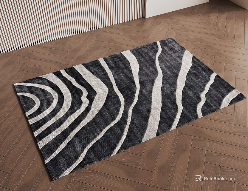 Black And White Square Rug With Wavy Stripes On Wooden Floor For Living Room 3d model 