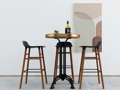 Modern Round Bar Counter with Wooden Stools Metal Base and Abstract Wall Art 3d model