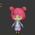 Cute Cartoon Girl With Pink Hair Double Buns Big Pink Eyes And Blue Dress