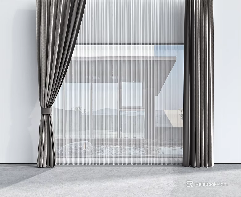 Gray Curtain With White Sheer For Modern Elegant Window Interior Design 3d model 