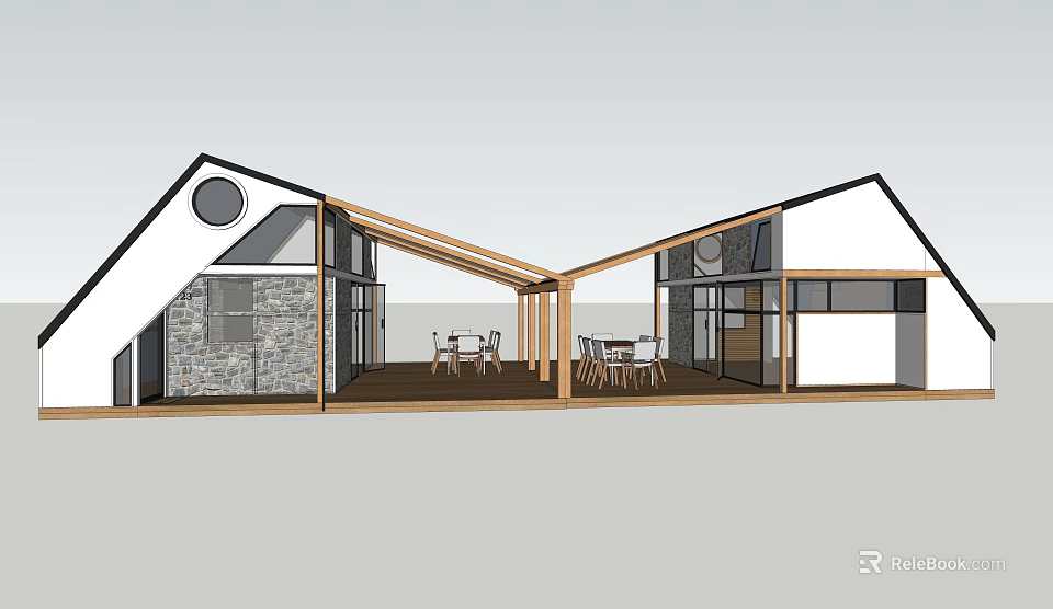 Modern Architecture Design Featuring Sloped Roofs Stone Walls Large Glass Windows Terrace With Tables Chairs 3d model 