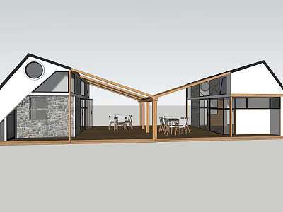 Modern Architecture Design Featuring Sloped Roofs Stone Walls Large Glass Windows Terrace With Tables Chairs 3d model
