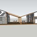 Modern Architecture Design Featuring Sloped Roofs Stone Walls Large Glass Windows Terrace With Tables Chairs