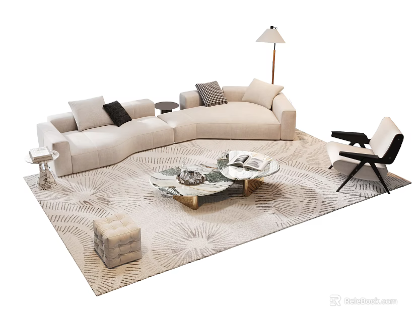 Modern Beige L shaped Sofa with Pillows and Glass Coffee Table on Leaf Patterned Rug 3d model 