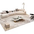 Modern Beige L shaped Sofa with Pillows and Glass Coffee Table on Leaf Patterned Rug
