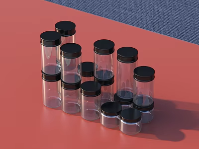 Clear Glass Jars With Black Lids On Orange And Blue Background For Storage 3d model