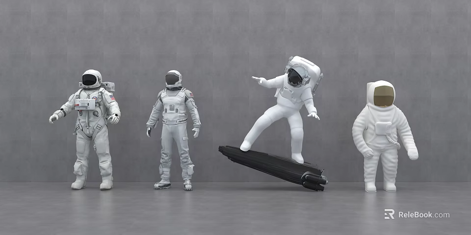 Multiple Astronauts Standing With One Riding Skateboard In Modern Gray Scene 3d model 